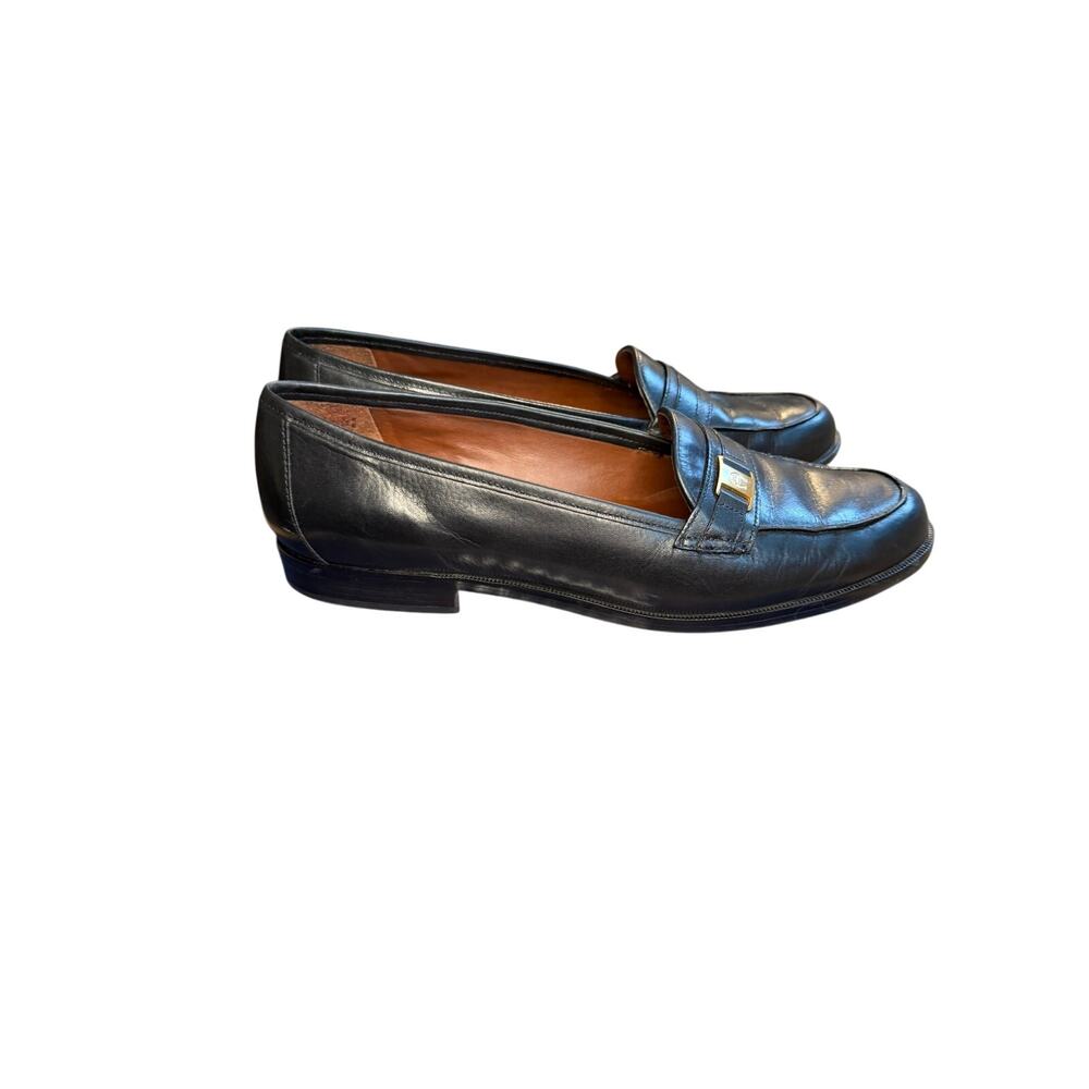 Etienne Aigner Camelot Black Leather Loafers | Size 7.5 M | Gold Logo Plaque - Picture 3 of 8